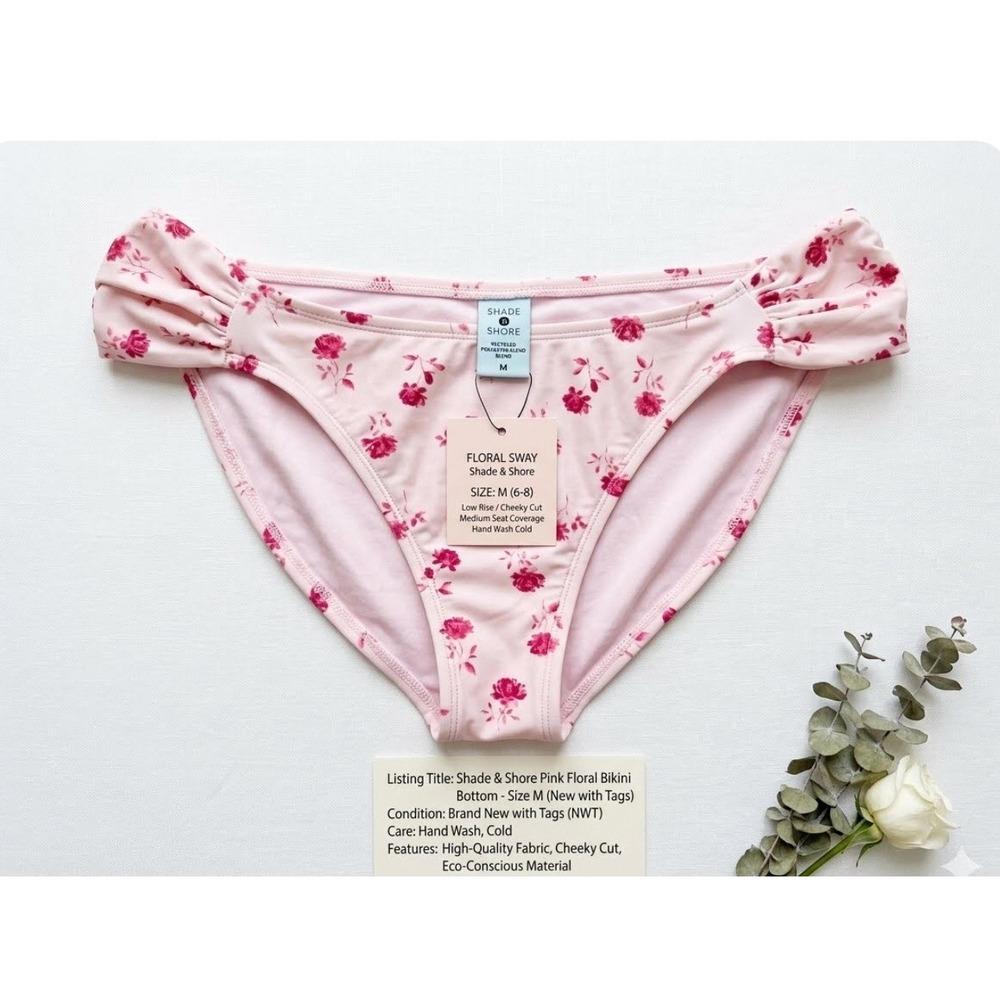 Shade & Shore Pink Floral Sway Bikini Bottom Ruched‎ High Leg Low Rise NWT